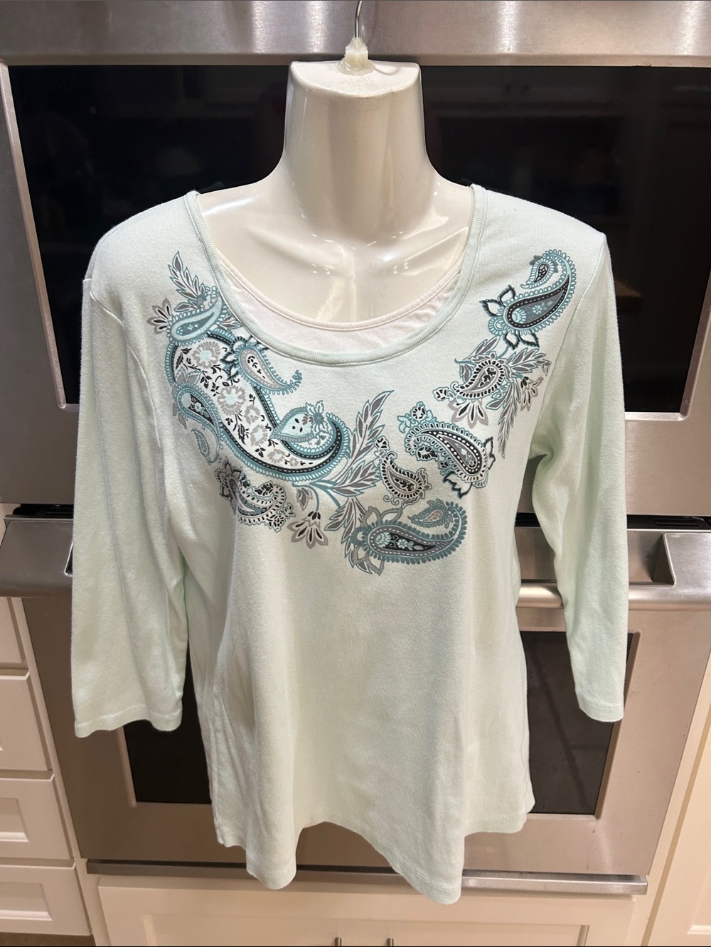 croft & barrow Light Mint Long Sleeve Scoop Neck Top with Paisley Embroidery.